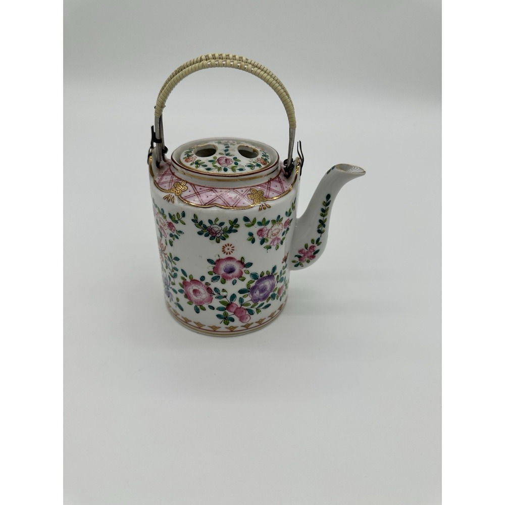 ISCO Teapot Rose Medallion Chinese Style Porcelain Hand painted Wicker Handle